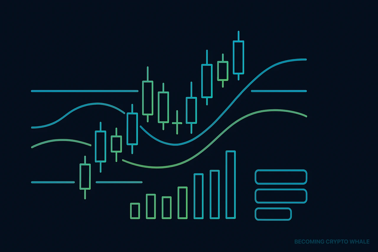 캔들, 거래량, 시간 프레임, 지지·저항, 이동평균선 등이 하나의 차트 위에서 구조적으로 연결된 모습을 표현한 다이어그램