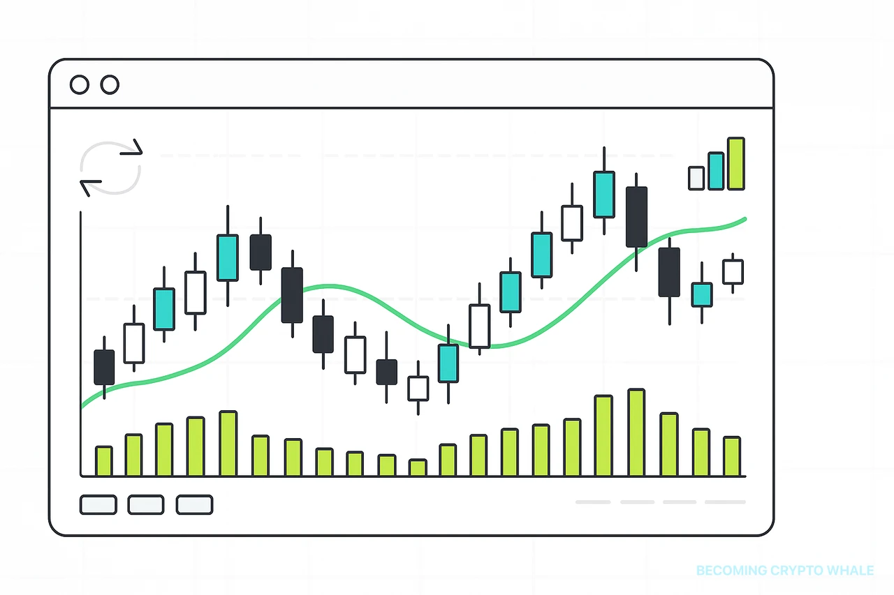 캔들, 거래량, 시간 프레임, 지지·저항, 이동평균선 등이 하나의 차트 위에서 구조적으로 연결된 모습을 표현한 다이어그램