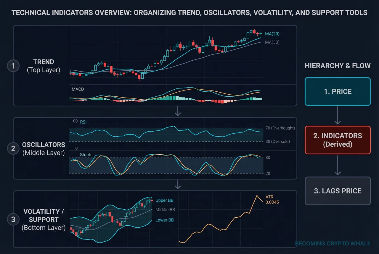 Single price chart with trend indicators overlaid on price, oscillators in a middle panel, and volatility indicators in a lower panel