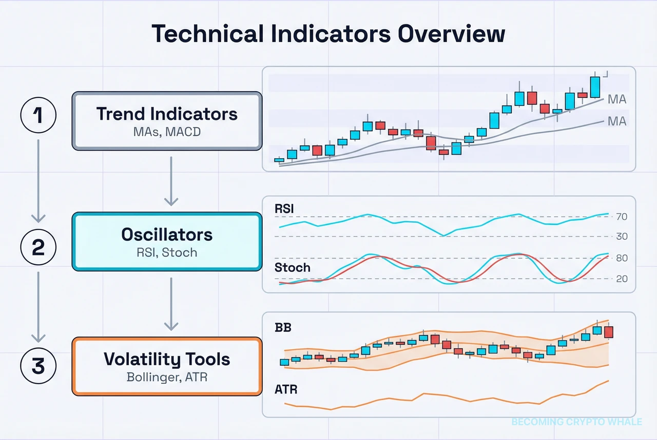 Single price chart with trend indicators overlaid on price, oscillators in a middle panel, and volatility indicators in a lower panel