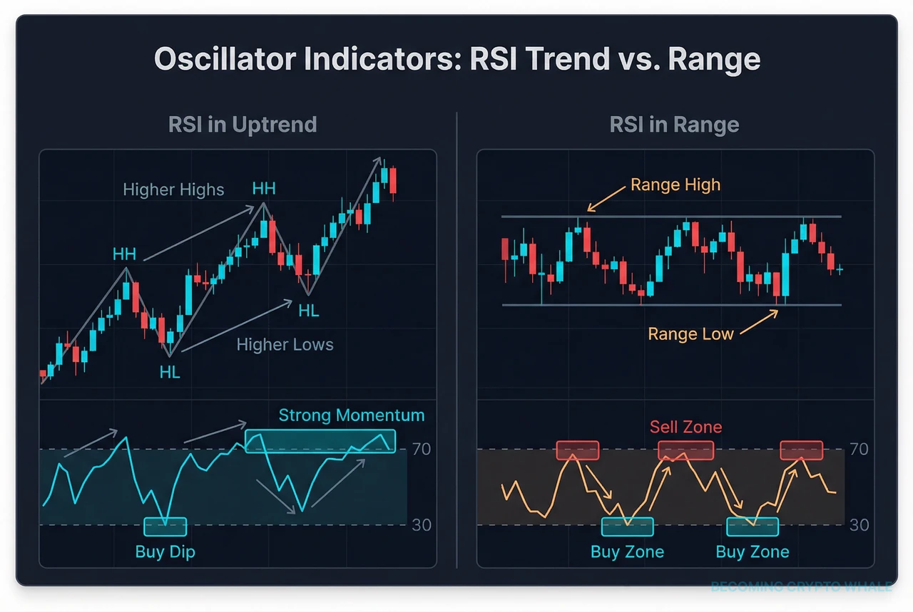 Left panel shows RSI making higher highs and higher lows in an uptrend, right panel shows RSI oscillating between upper and lower bands inside a horizontal range