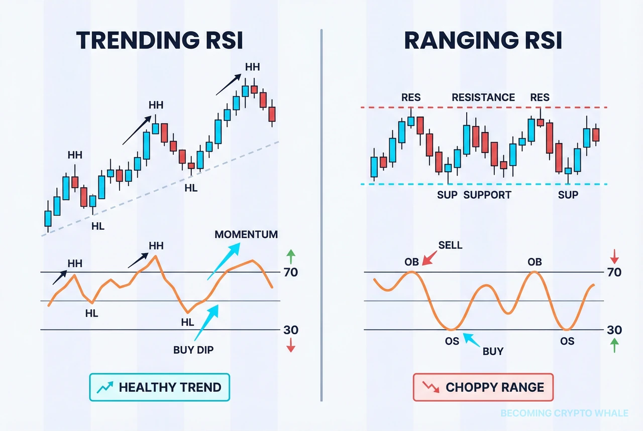 Left panel shows RSI making higher highs and higher lows in an uptrend, right panel shows RSI oscillating between upper and lower bands inside a horizontal range