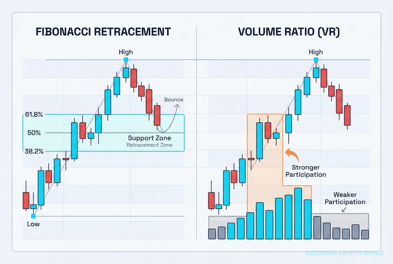On the left, Fibonacci retracement levels and support/resistance zones are drawn over an upward swing, on the right a volume ratio indicator splits the same period into stronger and weaker participation zones
