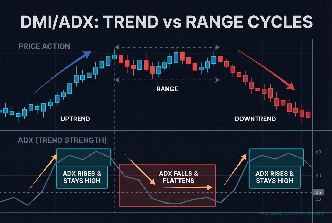 ADX rises and stays high during up and down trends, but declines and flattens while price moves sideways in a range