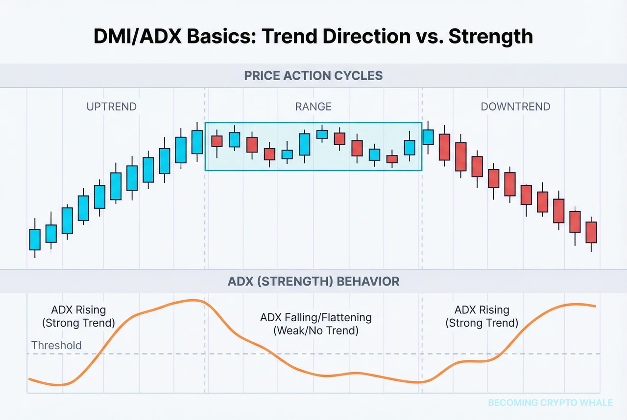 ADX rises and stays high during up and down trends, but declines and flattens while price moves sideways in a range