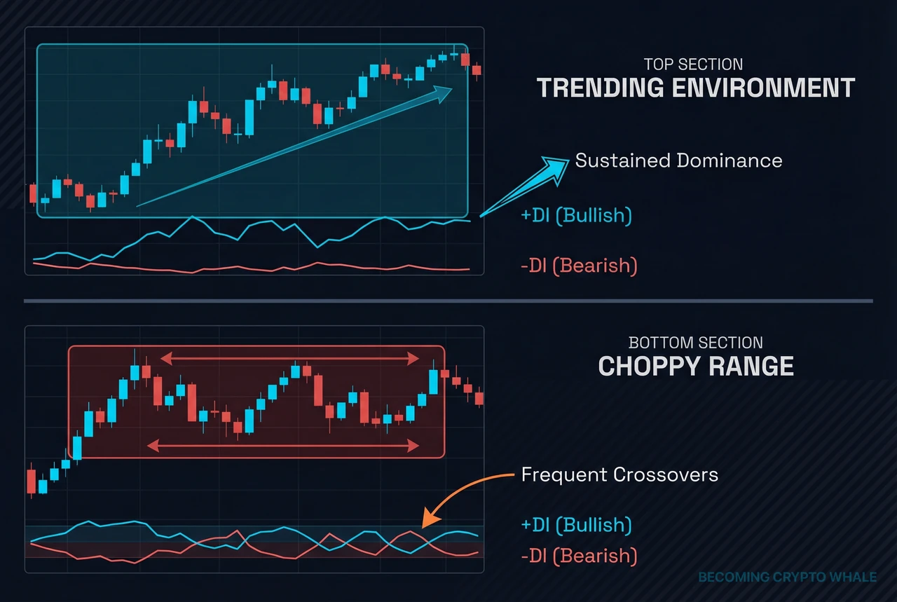 Left panel shows +DI staying above -DI during a trend, right panel shows +DI and -DI crossing repeatedly during a choppy range