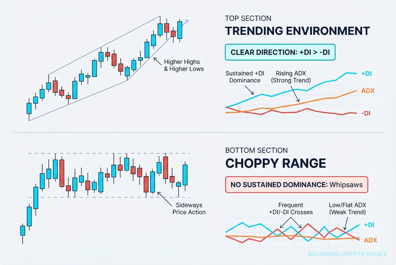 Left panel shows +DI staying above -DI during a trend, right panel shows +DI and -DI crossing repeatedly during a choppy range