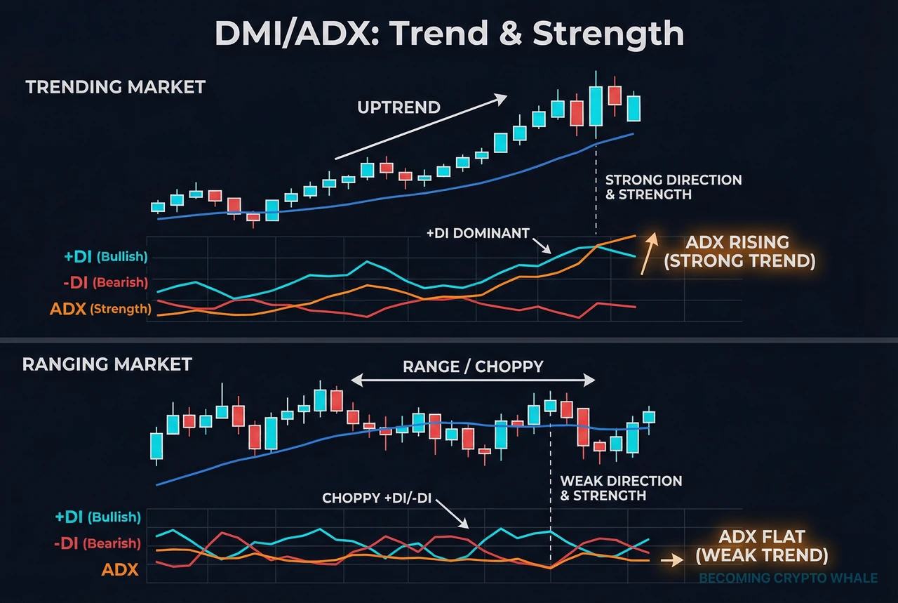 Price with moving averages above and +DI, -DI, and ADX below, emphasizing directional dominance, rising ADX in trends, and flat ADX during ranges