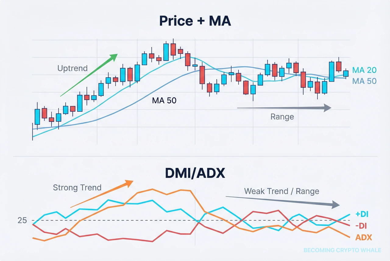Price with moving averages above and +DI, -DI, and ADX below, emphasizing directional dominance, rising ADX in trends, and flat ADX during ranges