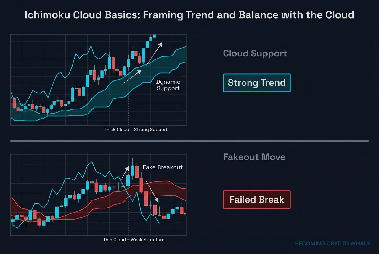 Kaliwa: Ang Cloud ay nagsisilbing support habang ang presyo ay gumagalaw sa ibabaw nito sa uptrend. Kanan: Fake movement kung saan lumabas ang presyo pataas malapit sa manipis na cloud at bumalik ulit sa ilalim