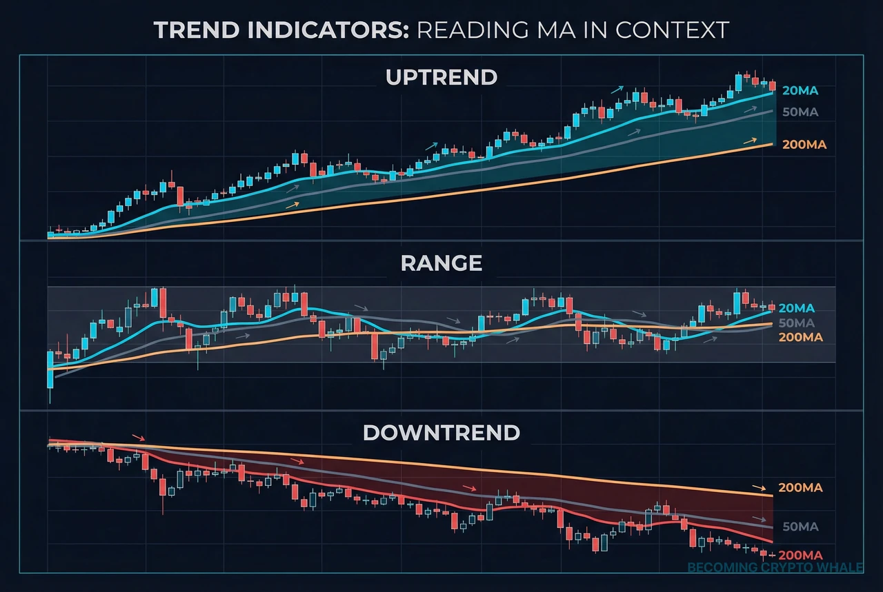 Comparison of an uptrend with stacked rising moving averages, a choppy range with tangled MAs, and a downtrend with descending, inversely stacked MAs