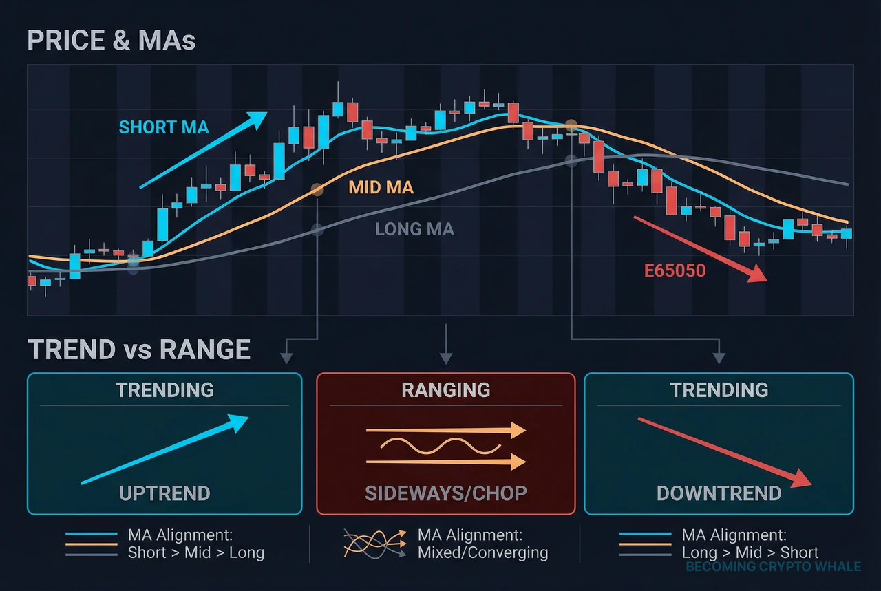 Price chart na may short-, mid- at long-term moving averages sa itaas, at isang lower panel na nagmamarka kung aling bahagi ang trending at alin ang range