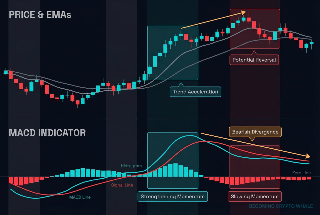 Prix et EMA court/long terme en haut, ligne MACD, ligne de signal et histogramme en bas, mettant en évidence les zones de renforcement de tendance, ralentissement du momentum et divergence