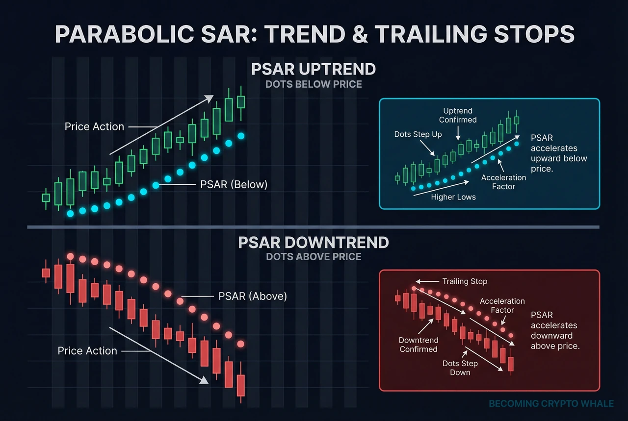 Diagram na nagpapakita ng PSAR dots na sumusunod sa ilalim ng candles sa uptrend, at sa ibabaw ng candles sa downtrend