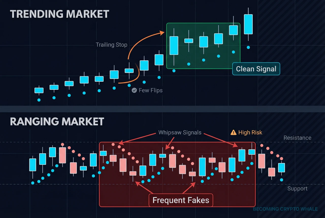 Paghahambing ng PSAR na bihirang mag-reverse sa trend zone, at PSAR na madalas bumaligtad sa ibabaw at ilalim ng candles sa box zone na gumagawa ng fake signals