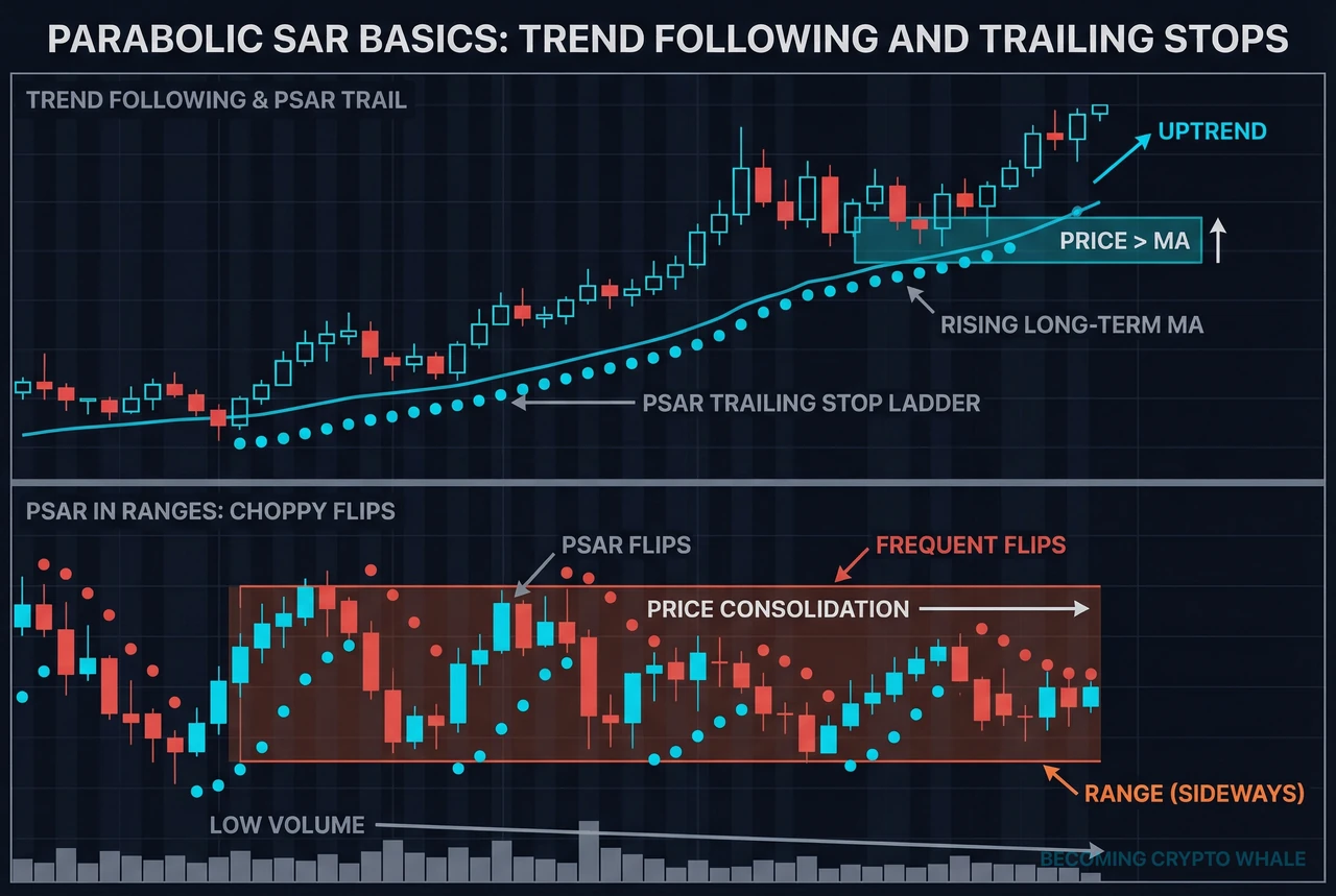 Diagram na nagpapakita ng presyo na gumagalaw sa ibabaw ng long-term moving average sa uptrend, at ang PSAR dots sa ilalim nito na nagmumungkahi ng trailing stop positions