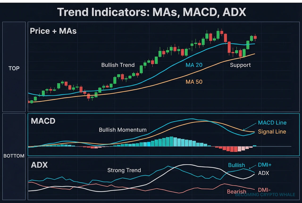 Price chart with short- and long-term moving averages on price, MACD in the middle panel, and ADX in the lower panel to show trend direction and strength