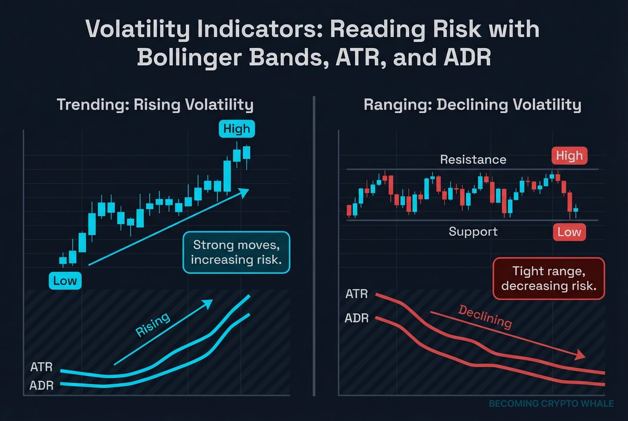 Price trend and range examples with ATR and ADR curves below, showing volatility rising in strong trends and shrinking in extended ranges
