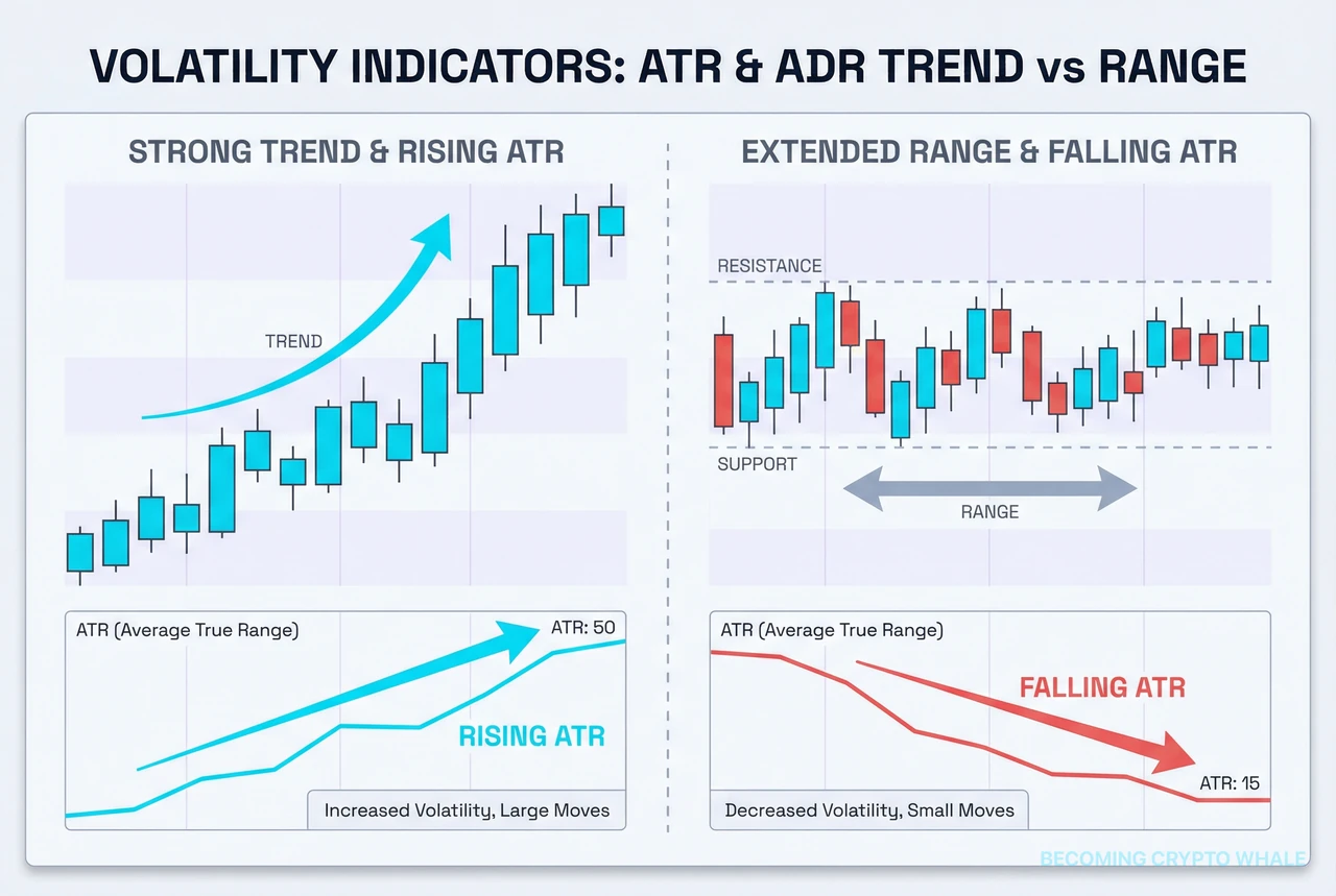 Price trend and range examples with ATR and ADR curves below, showing volatility rising in strong trends and shrinking in extended ranges