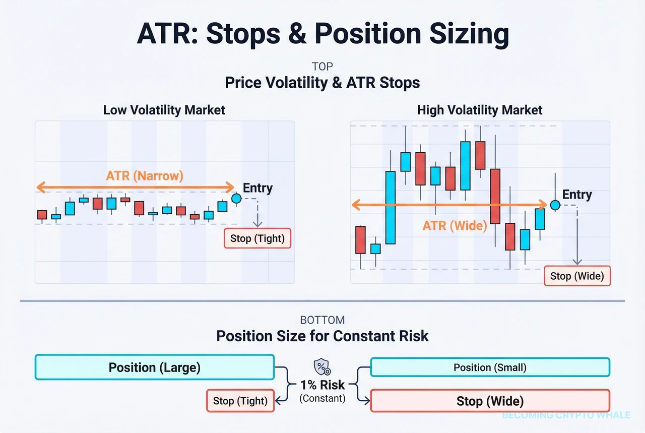 Two price charts with different volatility and, below them, position size bars calculated with the same account risk but different ATR-based stop distances