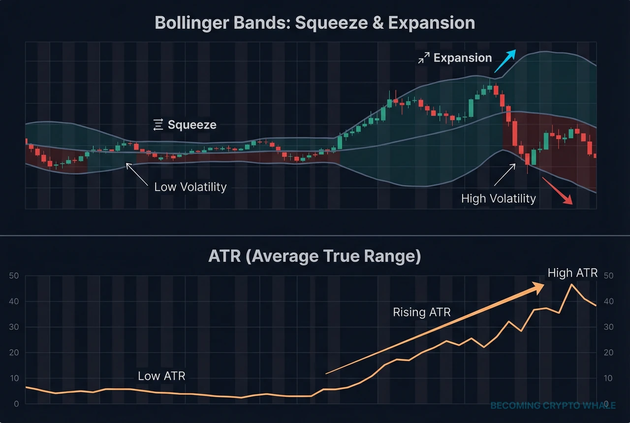 Bollinger Bands tightening into a squeeze and then expanding as volatility increases, while ATR in the lower panel rises from low to high