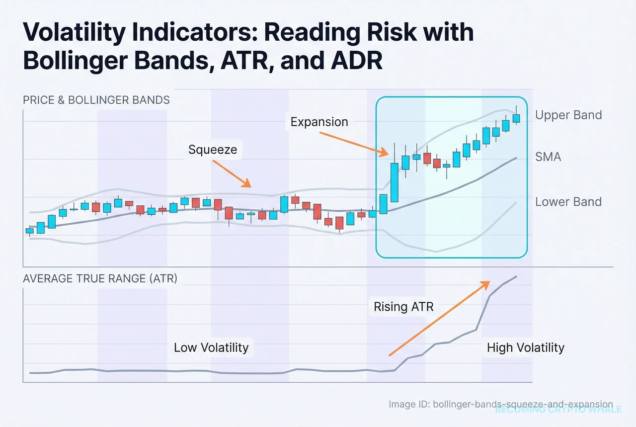 Bollinger Bands tightening into a squeeze and then expanding as volatility increases, while ATR in the lower panel rises from low to high