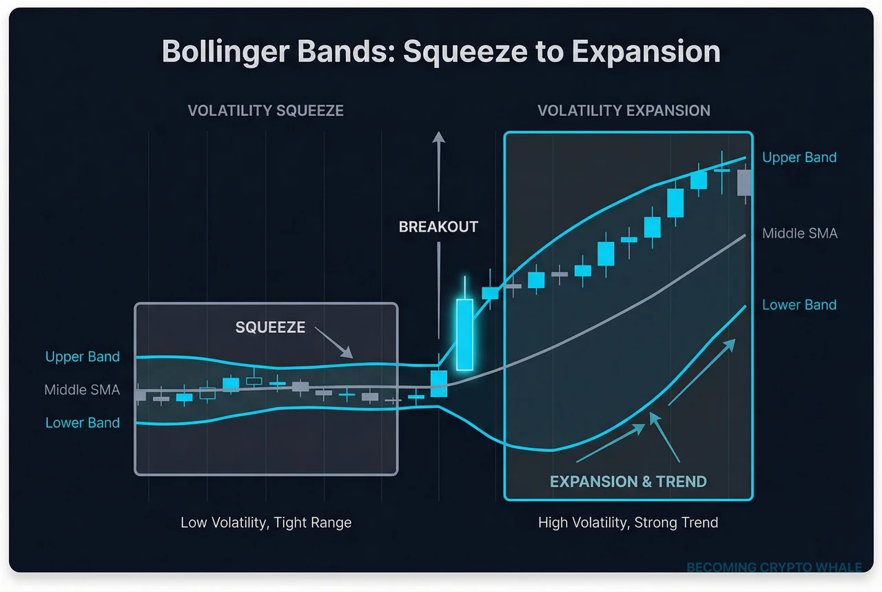 Ang Bollinger Bands ay nagsisimula nang malawak, pagkatapos ay kumukontrata sa isang squeeze habang ang presyo ay nagre-range nang mahigpit, pagkatapos ay lumalawak muli habang ang presyo ay nagbe-breakout sa pamamagitan ng upper band at nagte-trend habang lumalawak ang mga band
