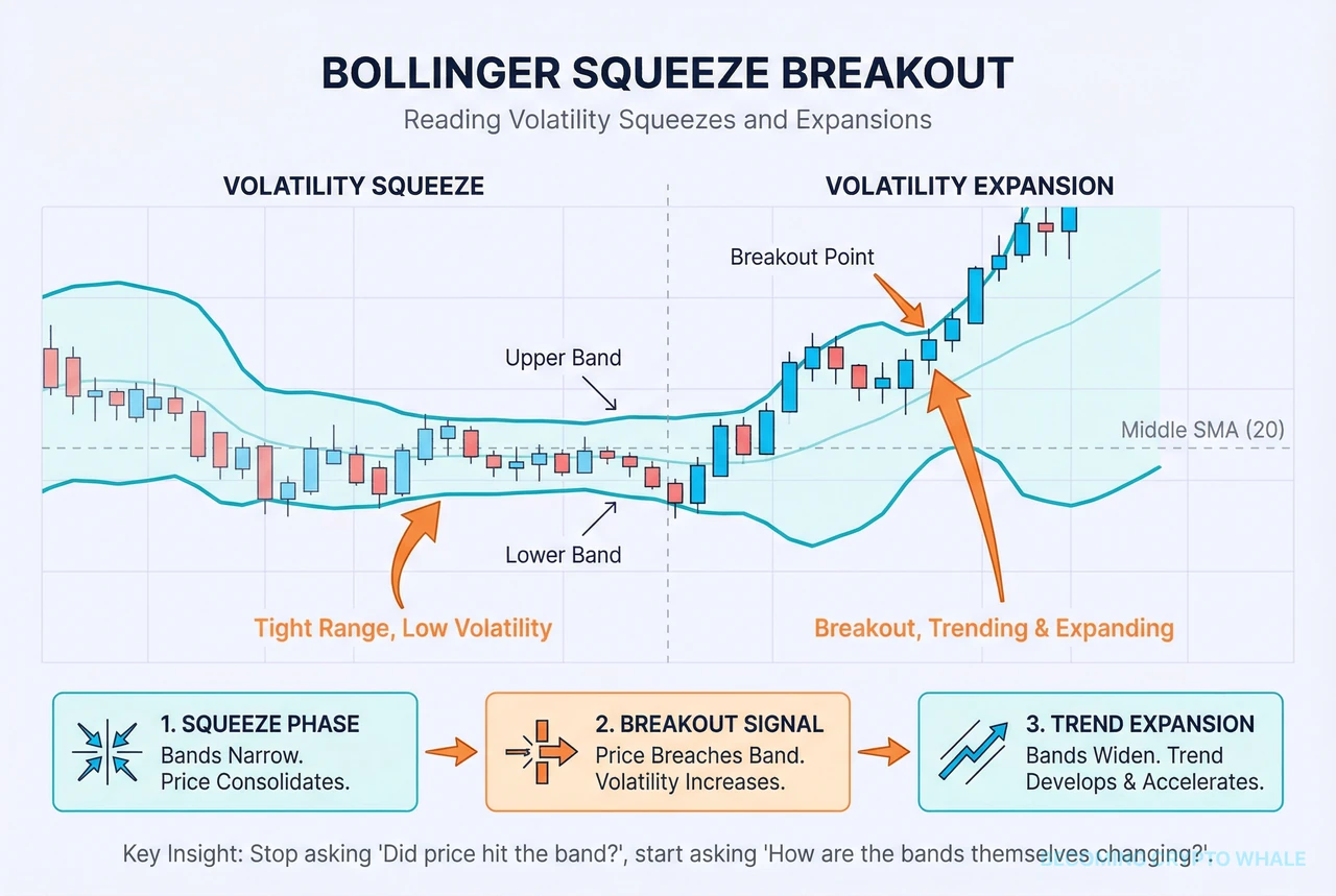 Ang Bollinger Bands ay nagsisimula nang malawak, pagkatapos ay kumukontrata sa isang squeeze habang ang presyo ay nagre-range nang mahigpit, pagkatapos ay lumalawak muli habang ang presyo ay nagbe-breakout sa pamamagitan ng upper band at nagte-trend habang lumalawak ang mga band