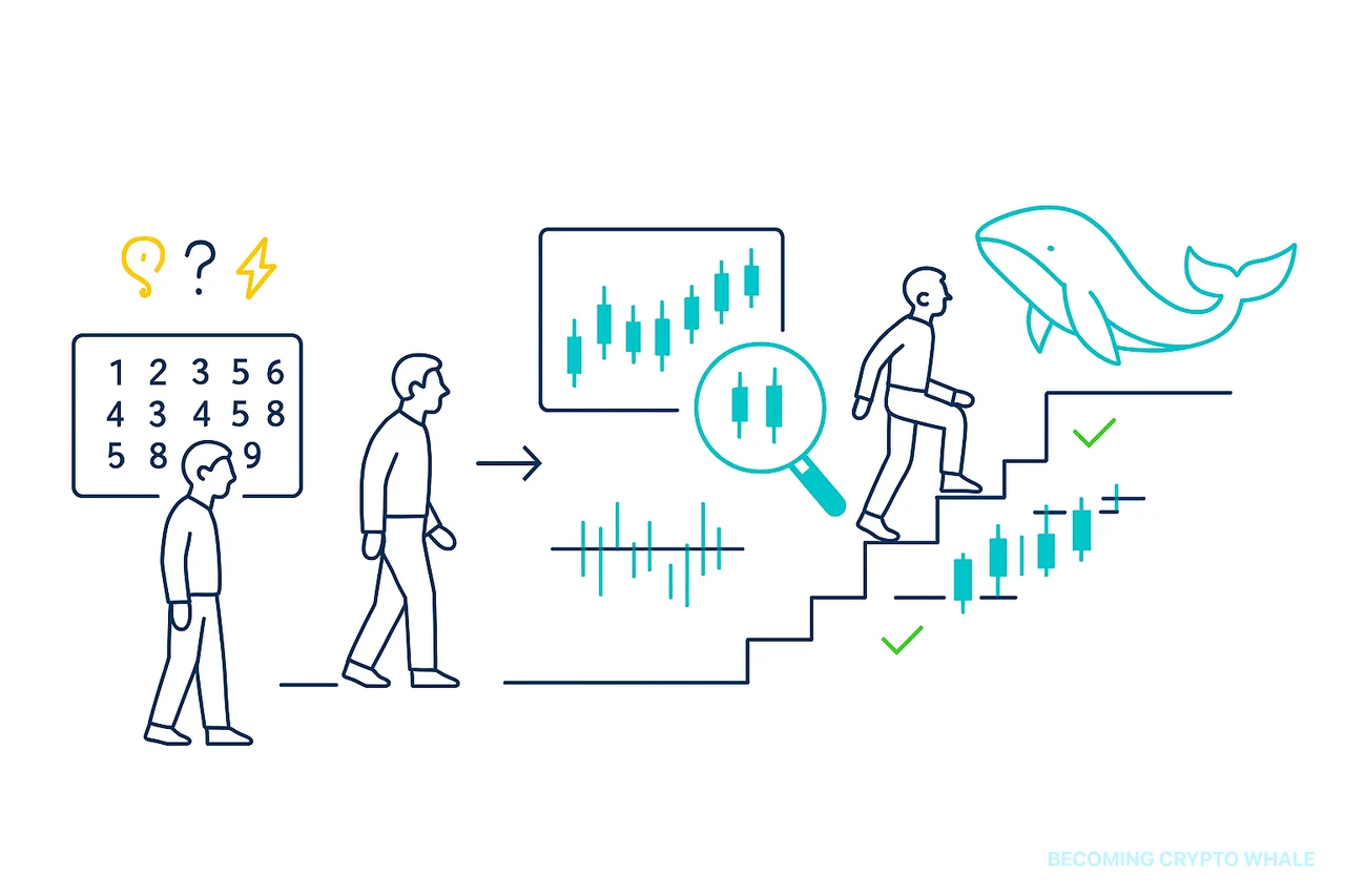 Diagramme exprimant le flux de données numériques chaotiques structurées en graphiques, et comment le trader grandit en les comprenant