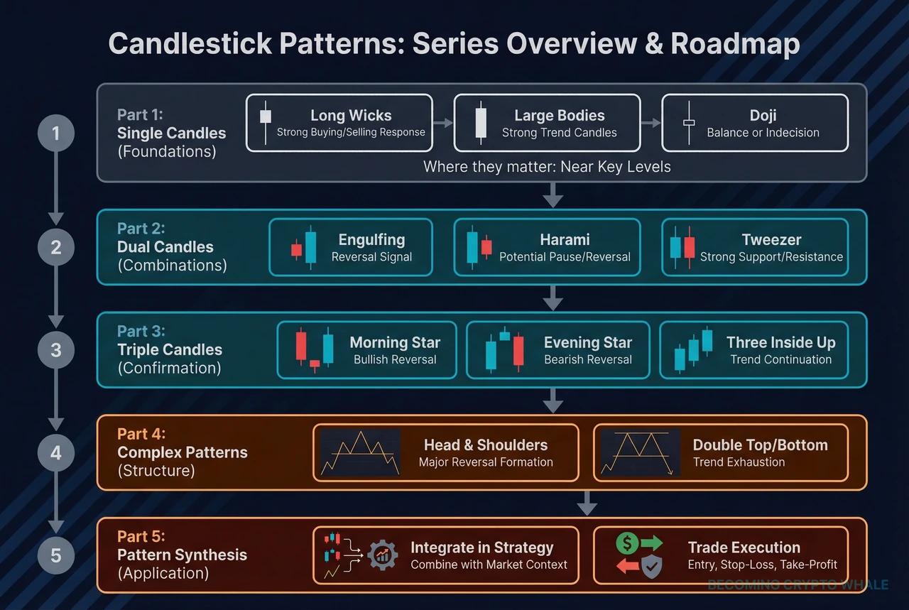 Learning roadmap from single candles to complex patterns in the candlestick series
