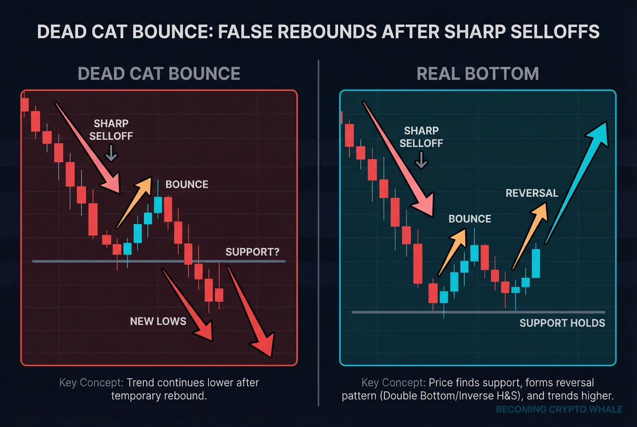À gauche, un rebond du chat mort qui fait des bas plus bas après un bref rebond ; à droite, un vrai creux qui maintient les bas et transitionne vers un modèle de double creux ou tête et épaules inversé