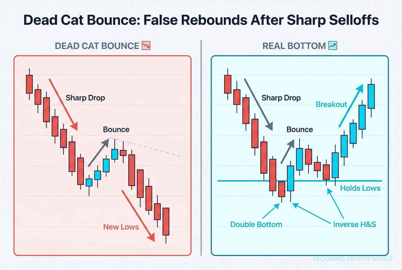 À gauche, un rebond du chat mort qui fait des bas plus bas après un bref rebond ; à droite, un vrai creux qui maintient les bas et transitionne vers un modèle de double creux ou tête et épaules inversé