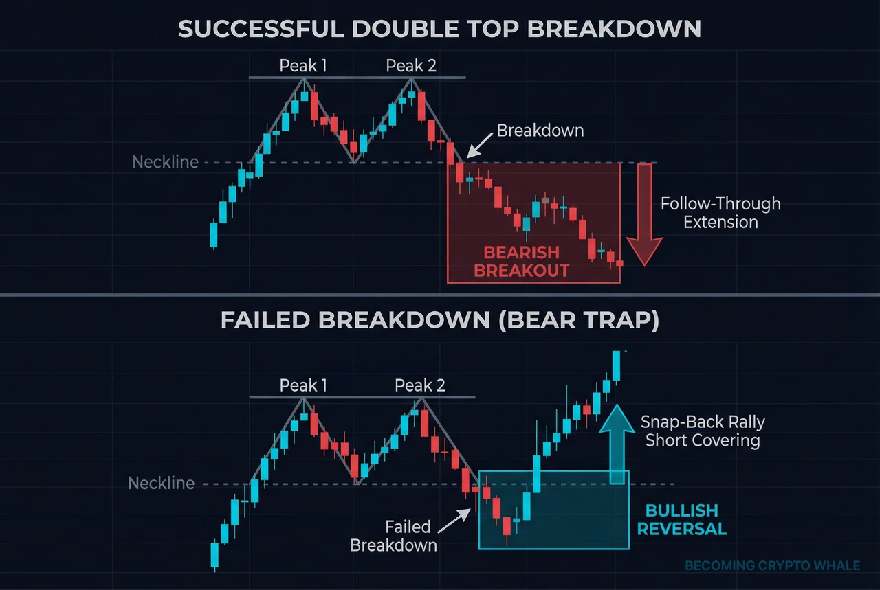 Kaliwa: double top na bumabasag at umaabot sa ibaba ng neckline nito; kanan: double top na lumulubog sa ibaba ng neckline pagkatapos ay bumabalik nang mabilis sa itaas na may short covering