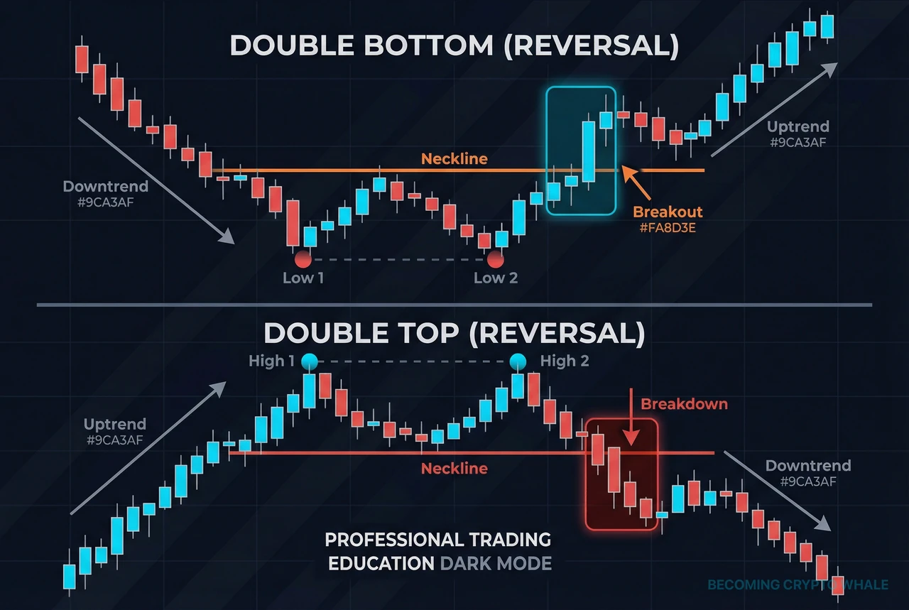 On the left, a downtrend forming two similar lows and breaking the neckline upward as a double bottom; on the right, an uptrend forming two similar highs and breaking the neckline downward as a double top