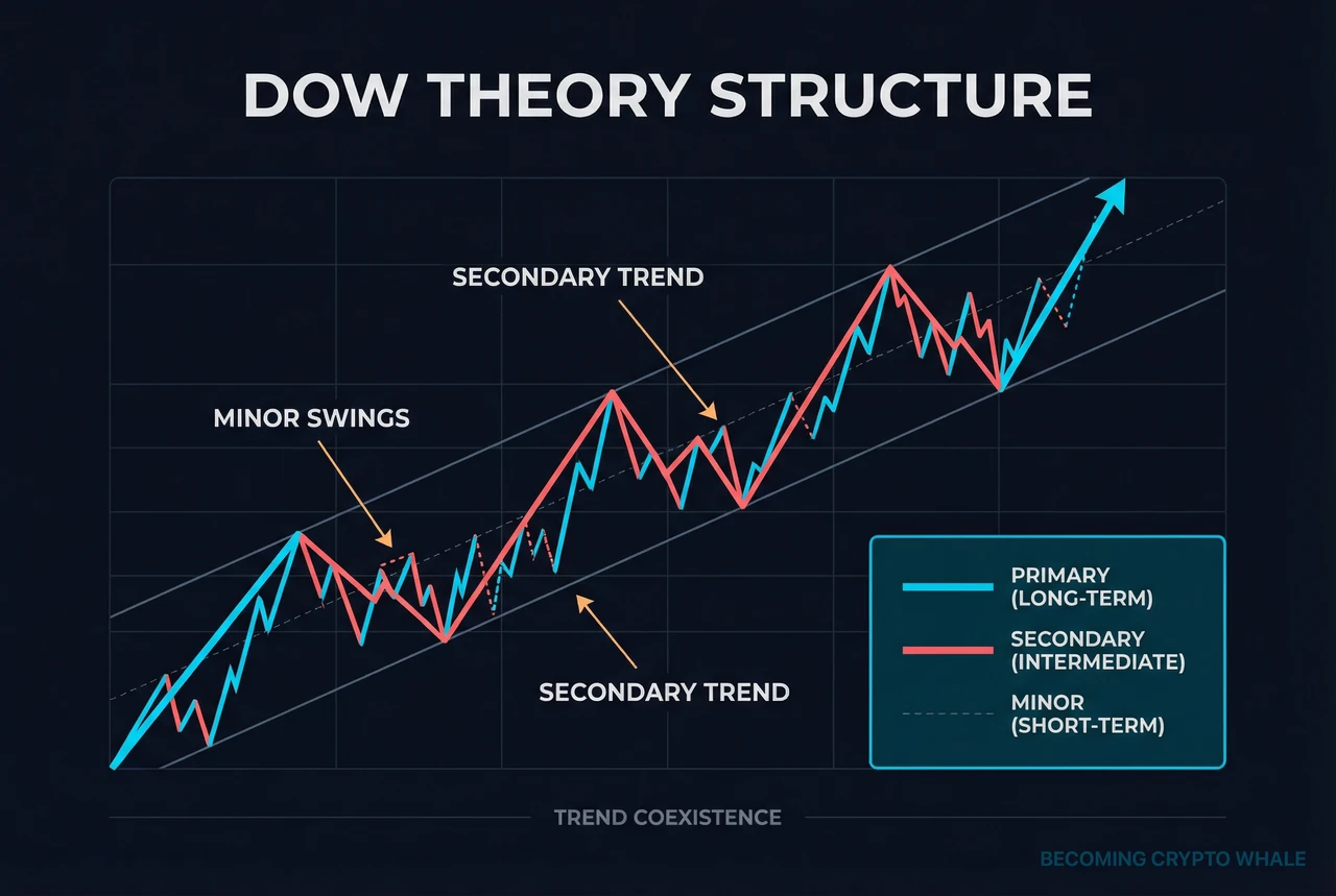 Primary uptrend na may ilang intermediate corrections at maraming mas maliliit na minor swings na nakapaloob sa loob, na naglalarawan ng multi-trend structure ng Dow Theory