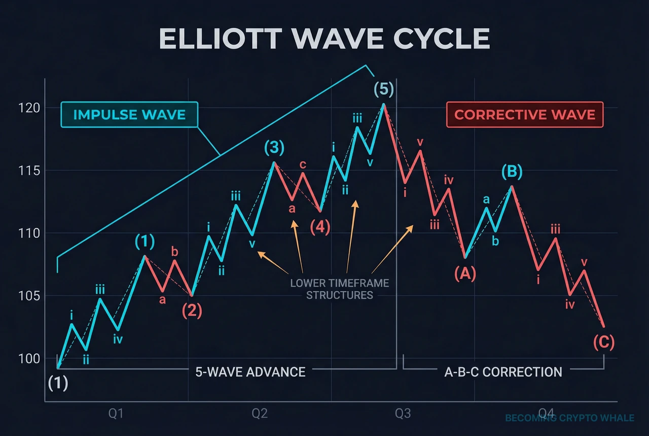 Isang higher-timeframe five-wave uptrend at A-B-C correction, bawat isa ay binubuo ng mas maliliit na five- at three-wave swings sa isang lower timeframe
