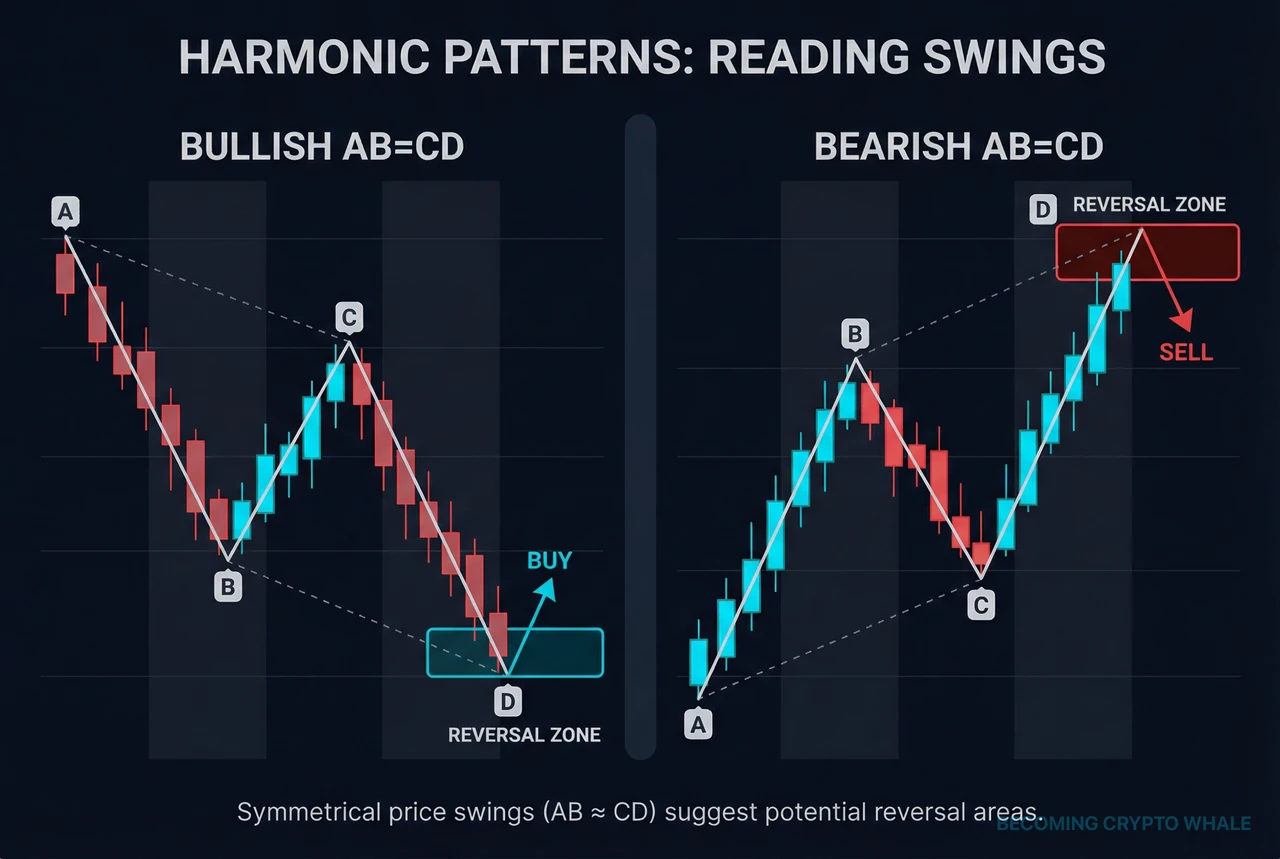 Aşağı yönlü bir geri çekilmeyi benzer uzunlukta bir toparlanmanın izlediği boğa AB=CD formasyonu ve bir ralliyi benzer uzunlukta bir düşüşün izlediği ayı AB=CD formasyonu, yan yana gösterilmiş