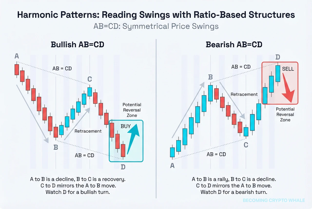 Aşağı yönlü bir geri çekilmeyi benzer uzunlukta bir toparlanmanın izlediği boğa AB=CD formasyonu ve bir ralliyi benzer uzunlukta bir düşüşün izlediği ayı AB=CD formasyonu, yan yana gösterilmiş