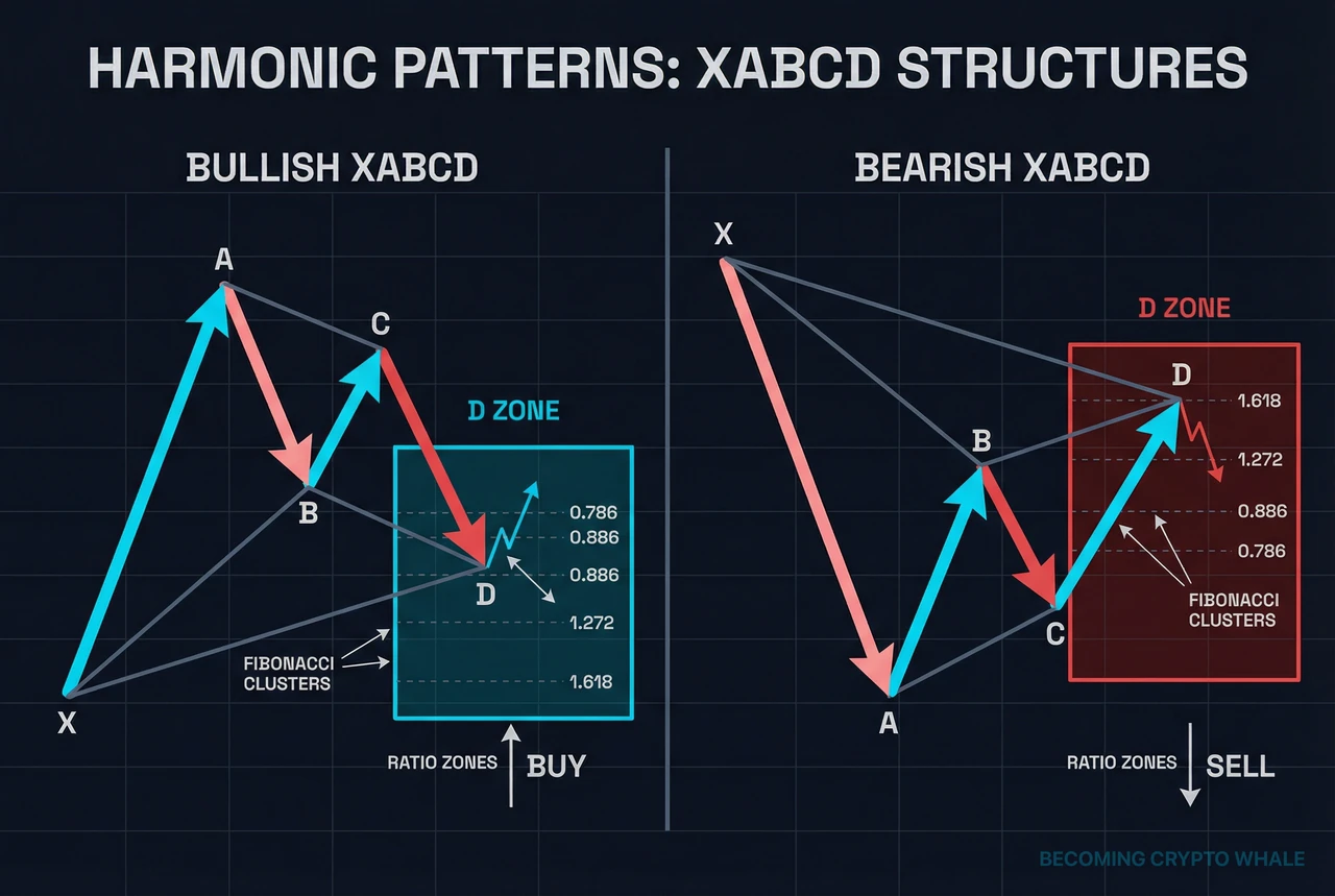 D'ye giden son bacağın önceki swing bacaklarından gelen birden fazla Fibonacci geri çekilme ve uzama bölgesiyle örtüştüğü boğa X-A-B-C-D harmonik yapısı