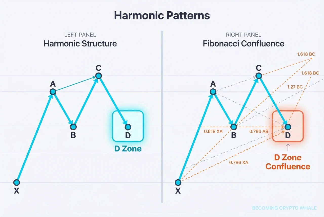 D'ye giden son bacağın önceki swing bacaklarından gelen birden fazla Fibonacci geri çekilme ve uzama bölgesiyle örtüştüğü boğa X-A-B-C-D harmonik yapısı