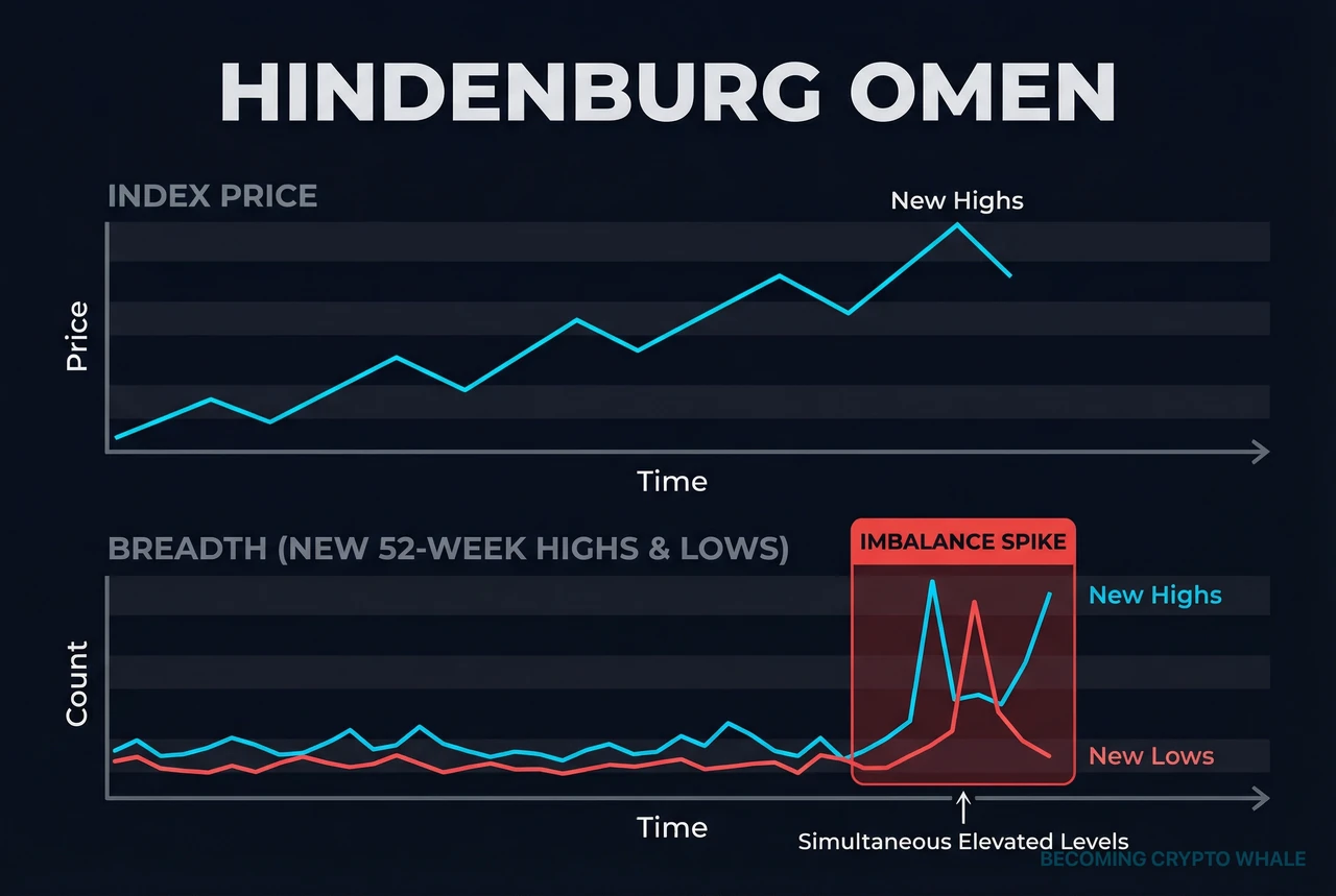 Prix de l'indice poussant vers des sommets tandis que le nombre de nouveaux plus hauts de 52 semaines et de nouveaux plus bas de 52 semaines parmi les composants augmentent ensemble, illustrant le stress de largeur de style Présage Hindenburg