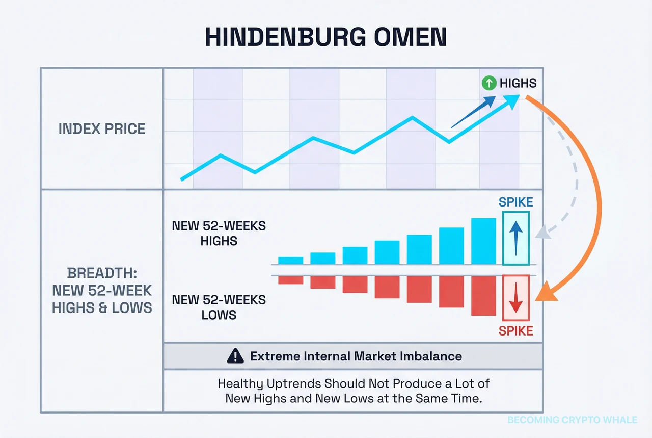 Prix de l'indice poussant vers des sommets tandis que le nombre de nouveaux plus hauts de 52 semaines et de nouveaux plus bas de 52 semaines parmi les composants augmentent ensemble, illustrant le stress de largeur de style Présage Hindenburg