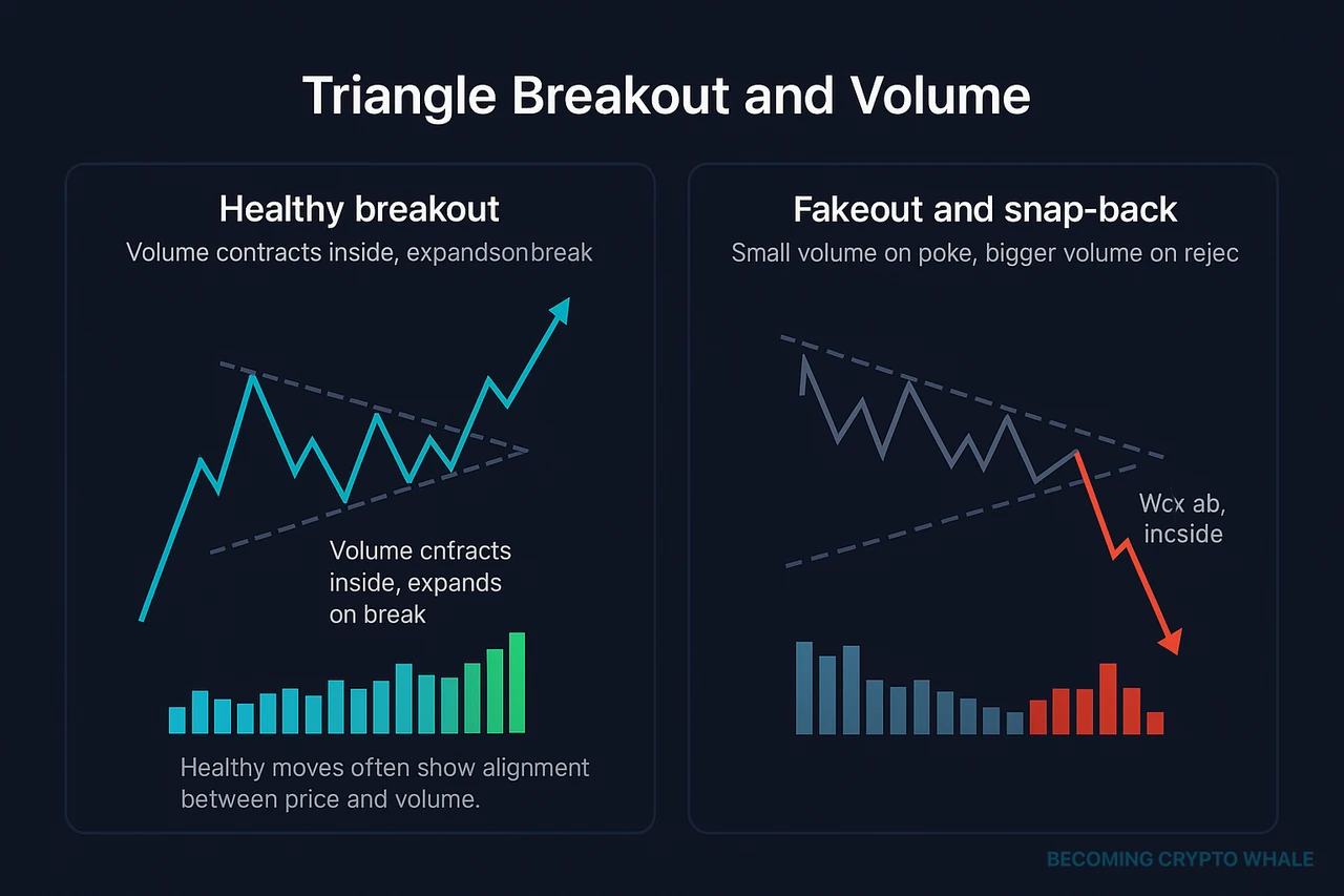 Sinistra: breakout di triangolo sano con volume in contrazione all'interno ed espansione alla rottura; destra: piccolo picco di volume sopra il triangolo seguito da un rifiuto con volume più pesante