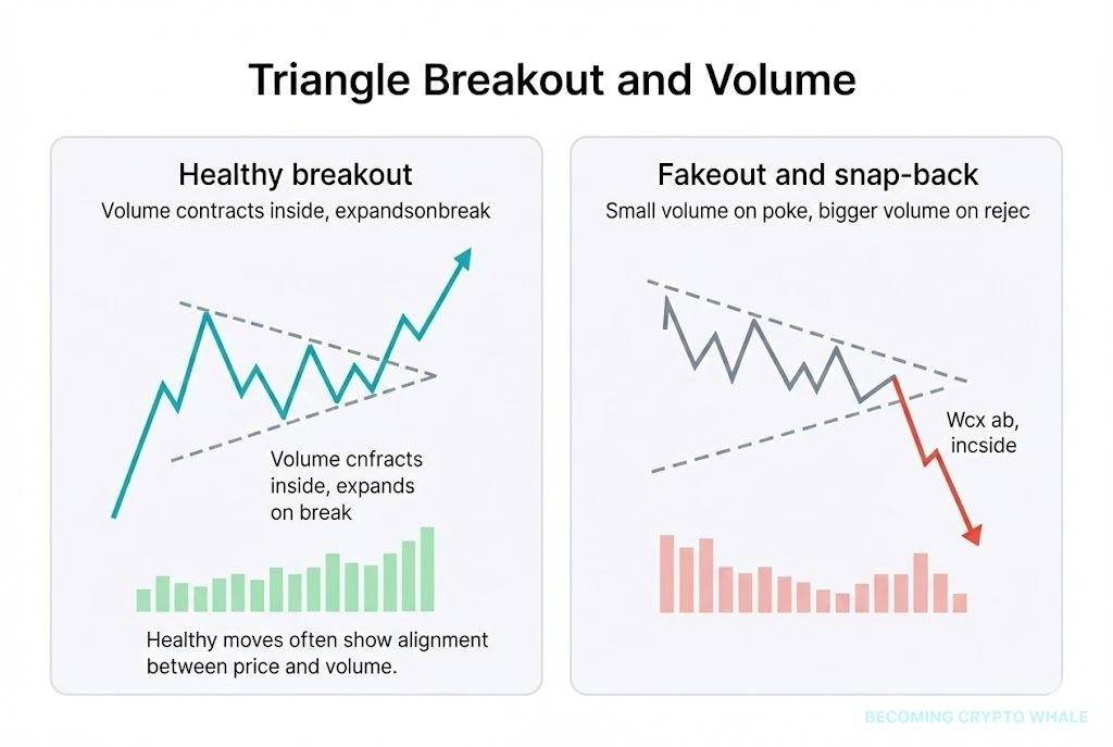 Sinistra: breakout di triangolo sano con volume in contrazione all'interno ed espansione alla rottura; destra: piccolo picco di volume sopra il triangolo seguito da un rifiuto con volume più pesante