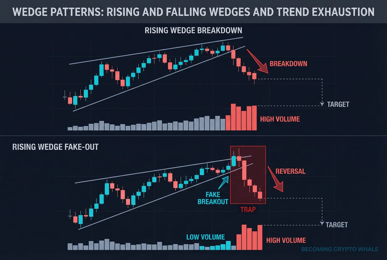 Kaliwa: rising wedge pattern na nagbe-break down na may tumaas na volume; kanan: rising wedge na panandaliang nagbe-break pataas, pagkatapos ay bumaliktad nang matalim pababa bilang isang failure pattern