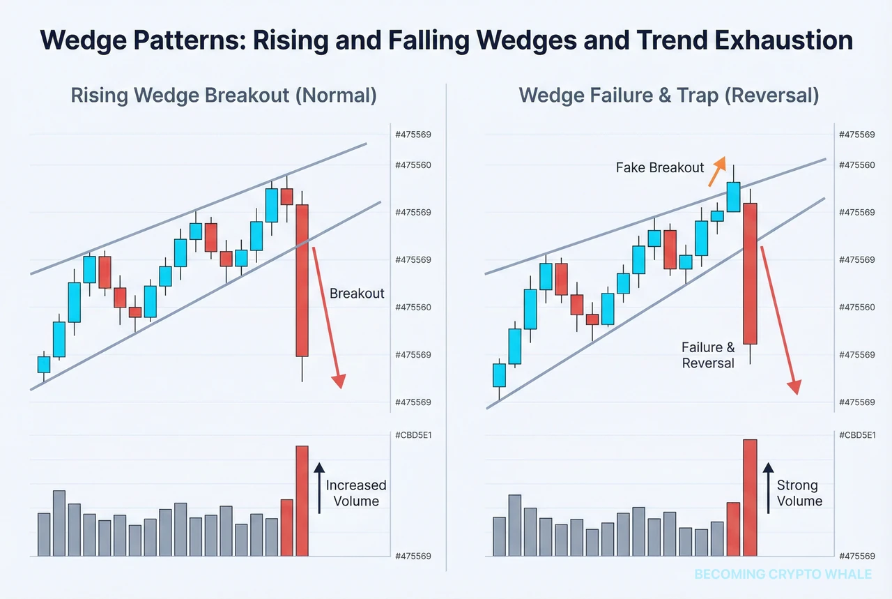 Kaliwa: rising wedge pattern na nagbe-break down na may tumaas na volume; kanan: rising wedge na panandaliang nagbe-break pataas, pagkatapos ay bumaliktad nang matalim pababa bilang isang failure pattern