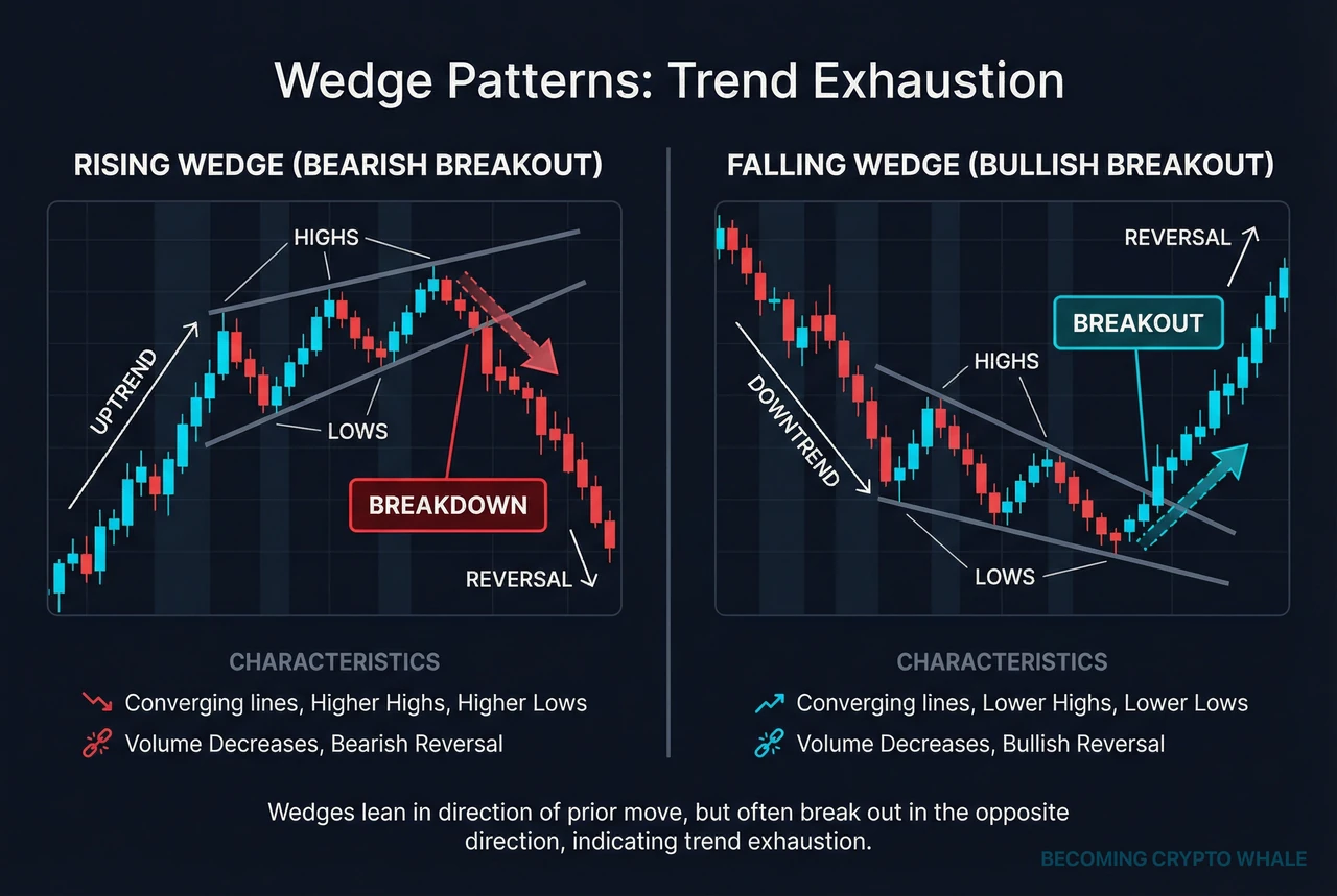 Sa kaliwa, isang rising wedge pagkatapos ng isang uptrend na nagbe-break down; sa kanan, isang falling wedge pagkatapos ng isang downtrend na nagbe-break up