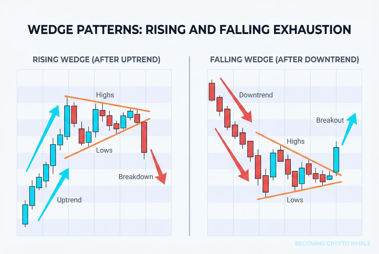 Sa kaliwa, isang rising wedge pagkatapos ng isang uptrend na nagbe-break down; sa kanan, isang falling wedge pagkatapos ng isang downtrend na nagbe-break up