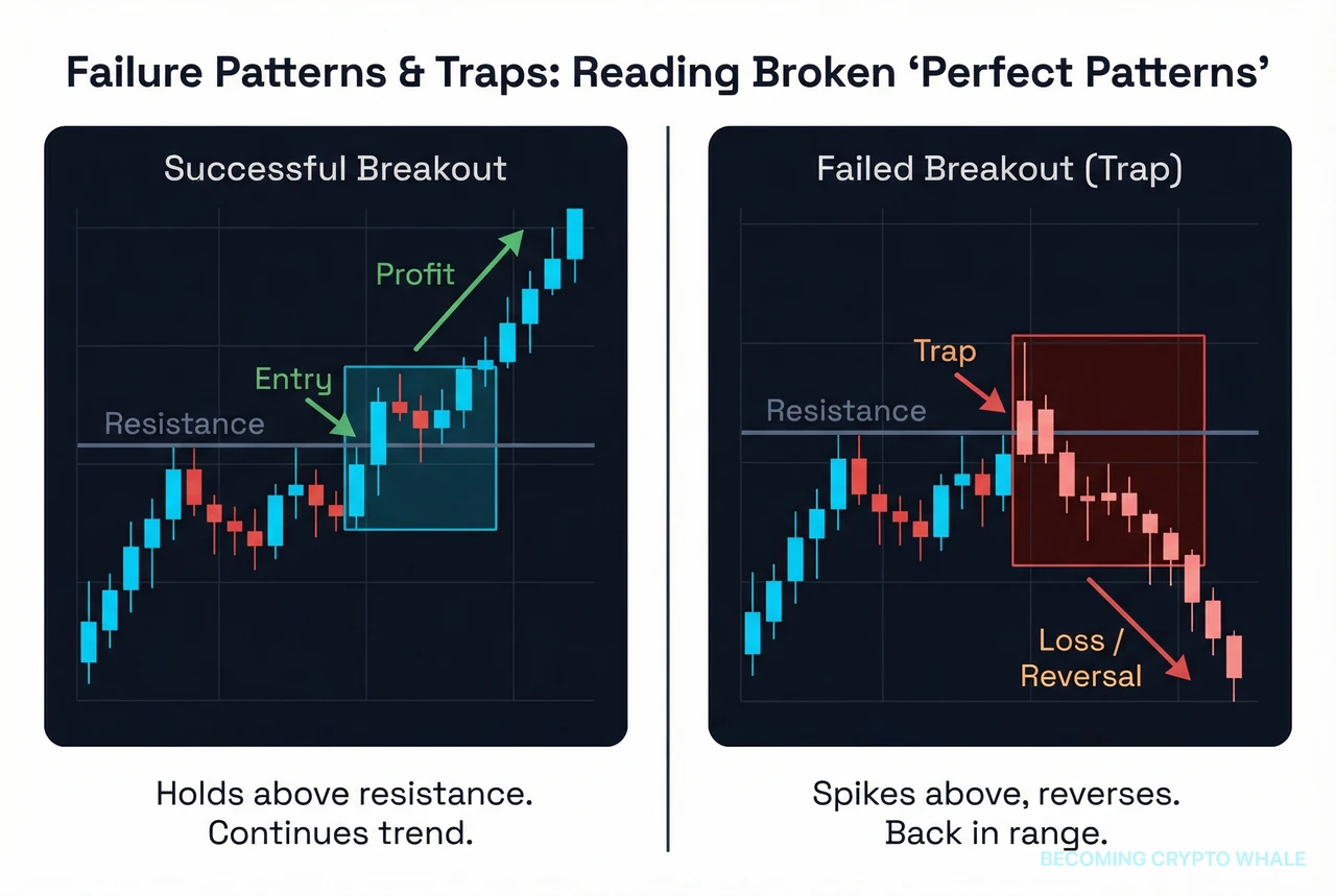 Left panel shows a clean breakout holding above resistance, right panel shows price spiking above resistance then reversing back into the range as a failed breakout
