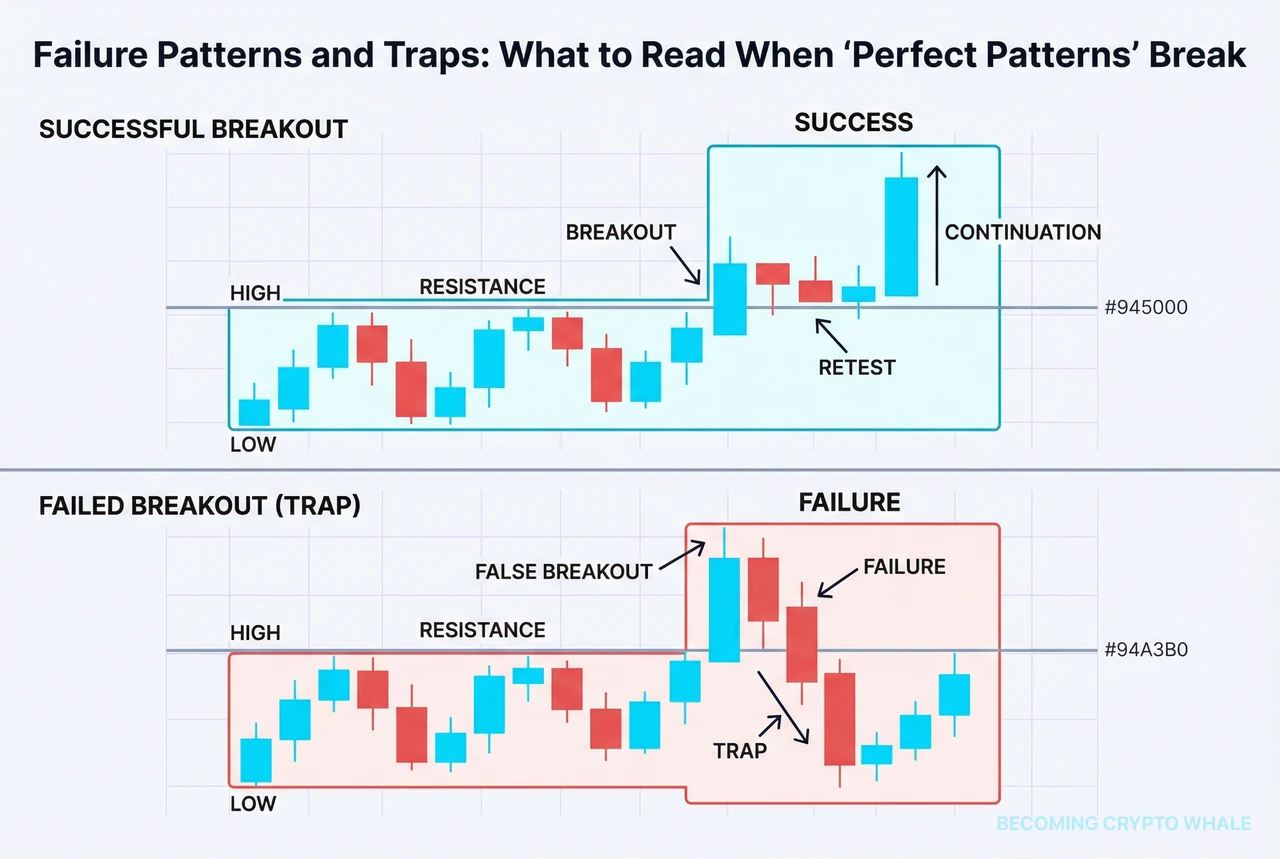 Left panel shows a clean breakout holding above resistance, right panel shows price spiking above resistance then reversing back into the range as a failed breakout